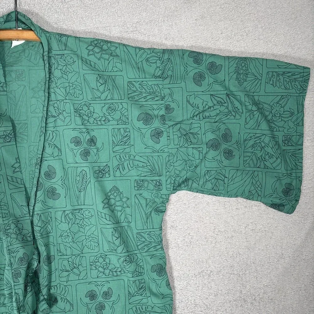 Vintage Women's‎ Emerald Green Kimono Robe Framed Botanical Patchwork Print MCM